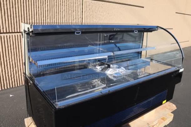 Brand new Avantco HAC-75-B 74" black horizontal air curtain merchandiser, 2 shelves, LED lighting, 115V, 10.5A, 1 phase.