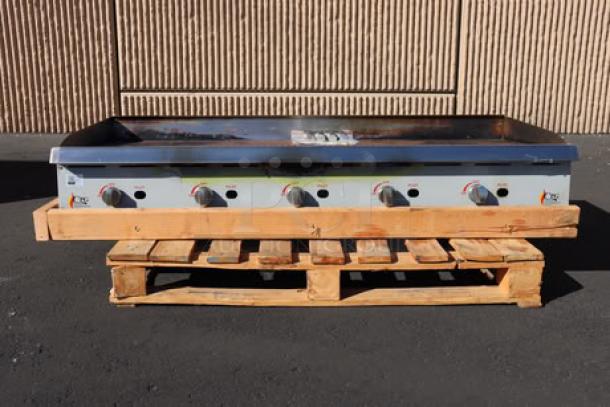 Cooking Performance Group 60" gas countertop griddle, model GM-CPG-60-NL, 150,000 BTU, manual controls, mild surface rust.