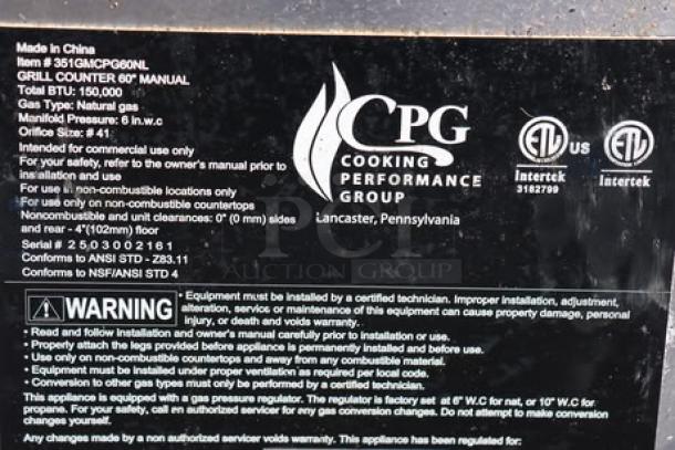 Cooking Performance Group GM-CPG-60-NL 60" gas griddle, 150,000 BTU, manual controls, mild surface rust, S/N: 2503002161.
