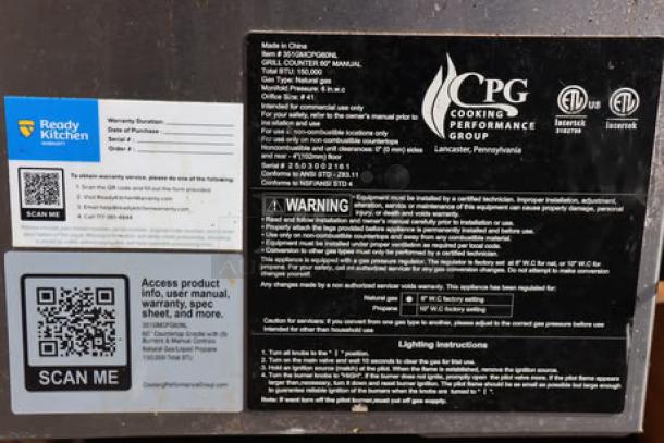 Cooking Performance Group GM-CPG-60-NL 60" gas griddle labels, showing model details, warnings, and QR code for product info.