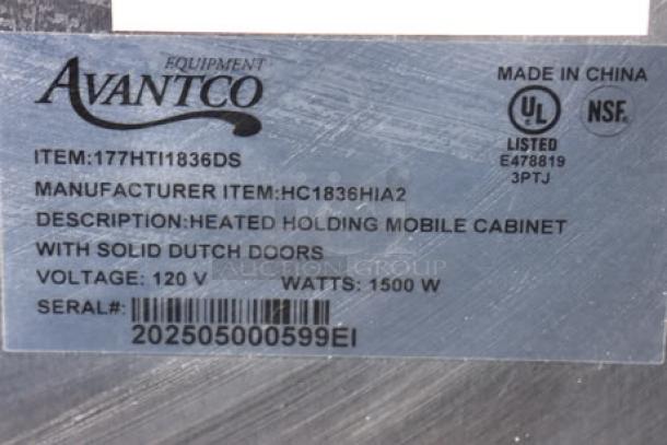 Avantco HTI-1836DS heated holding cabinet label showing specs: 120V, 1500W, S/N 202505000599EI, made in China.