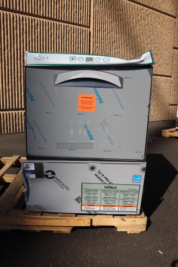 Brand new Noble Warewashing HT-UC24 undercounter dishwasher with booster heater. Scratch-n-dent condition. Model and serial labels present.