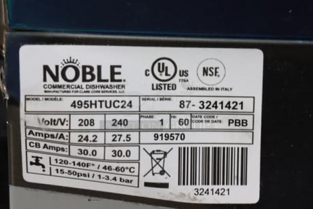 Brand new Noble Warewashing HT-UC24 undercounter dishwasher with booster heater, serial number 87-3241421, 208/240V, 1 phase.
