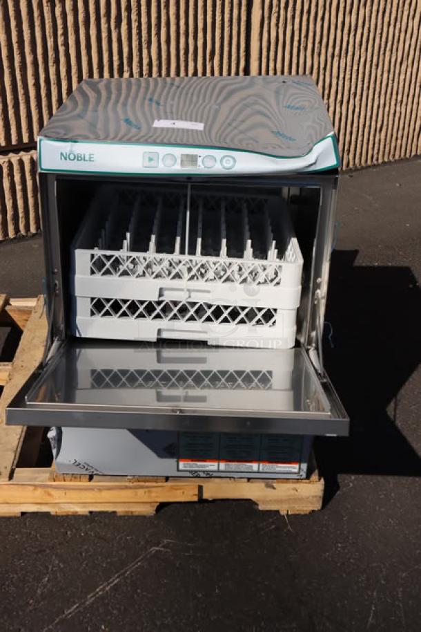 Brand new Noble Warewashing HT-UC24 undercounter dishwasher, high-temp, with booster heater, visible racks, minor scratches.