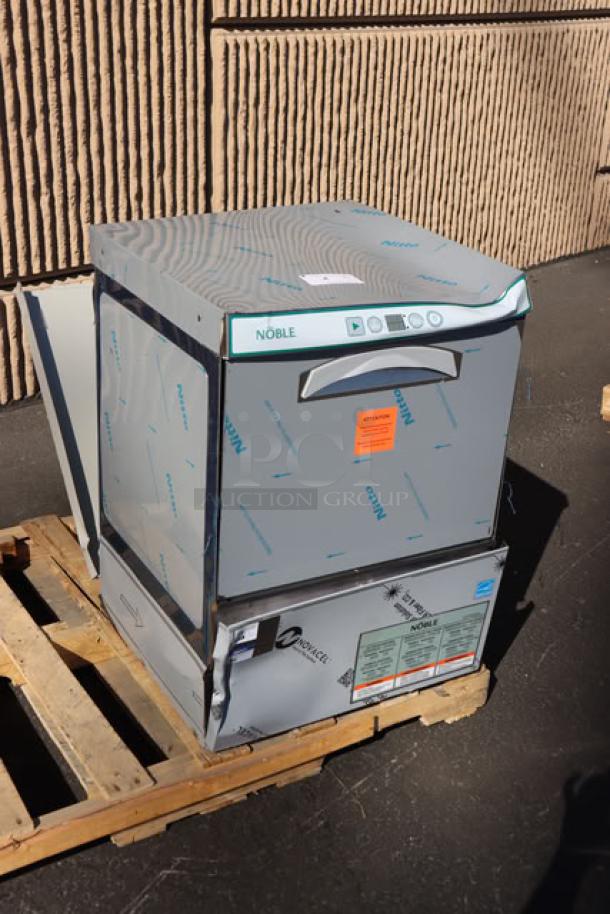 Brand new Noble Warewashing HT-UC24 dishwasher with booster heater, 208/240V, 1 Phase. Visible protective coverings.