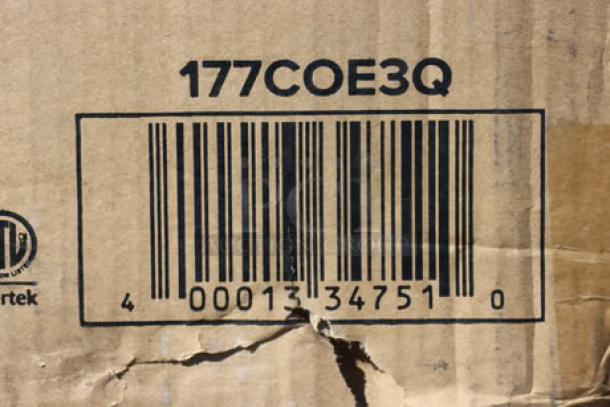 Cardboard box with barcode and model number 177COE3Q printed. Box is damaged.