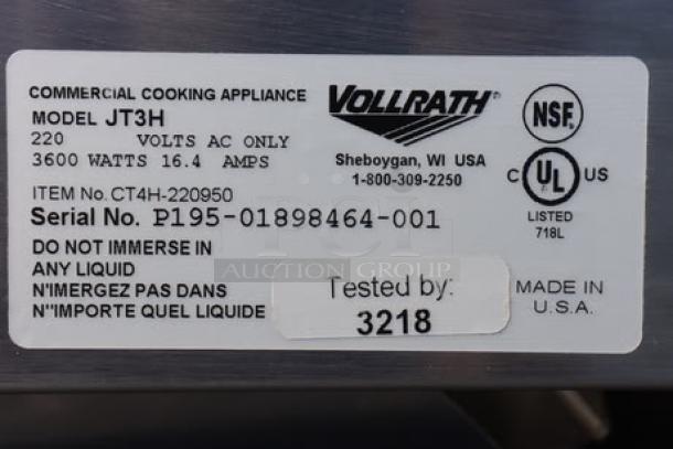 Label on Vollrath CT4H-208950 JT3H Conveyor Toaster, 3600W, 208V; serial number P195-01898464-001; tested in the USA.