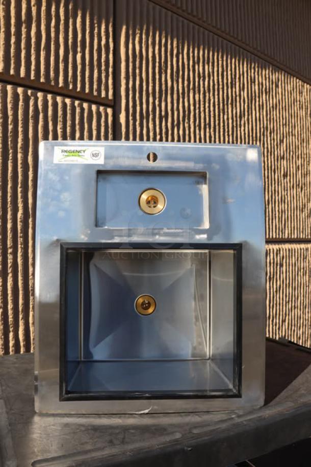 Brand new Regency 600DIWIB2118 stainless steel water station with ice bin, scratch-n-dent condition, 18" x 21".