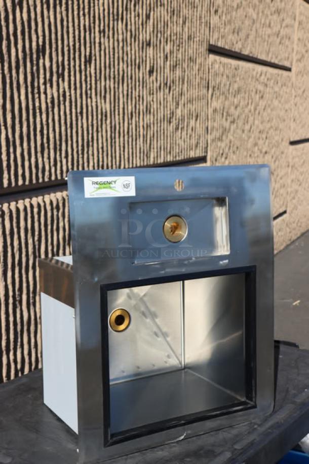 Regency 600DIWIB2118 stainless steel water station with ice bin, 18"x21", new scratch-n-dent condition, NSF label visible.