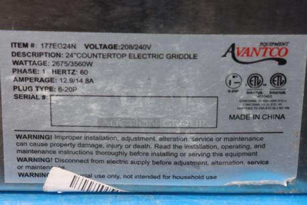 Avantco EG24N electric countertop griddle, 24", 208/240V, 2675-3560W. Brand new, scratch-n-dent condition, with labeling.