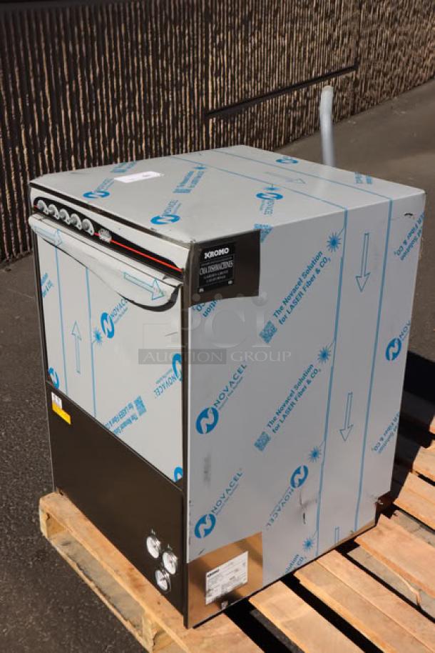 CMA UC50E high-temp undercounter dishwasher, brand new, in scratch-n-dent condition, 208/230V, with protective wrapping.