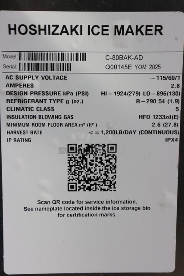 Label on a 2025 Hoshizaki C-80BAK-AD ice machine, model and serial number visible. Info includes voltage, ampere, pressure, refrigerant type, insulation gas, and IP rating. Item is ADA compliant.