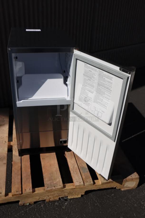 Brand new 2025 Hoshizaki C-80BAK-AD ice machine with open door showing bin. Out of packaging, minor scratches/dents. Serial: Q00159E.