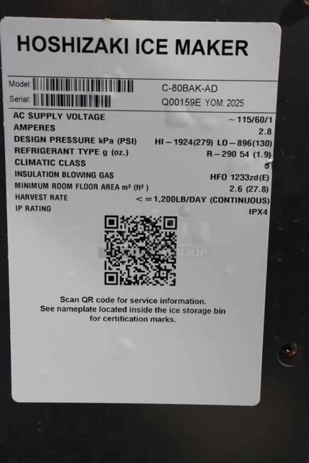 Brand new 2025 Hoshizaki C-80BAK-AD ice machine label, model, serial number Q00159E, voltage, and specifications detailed.