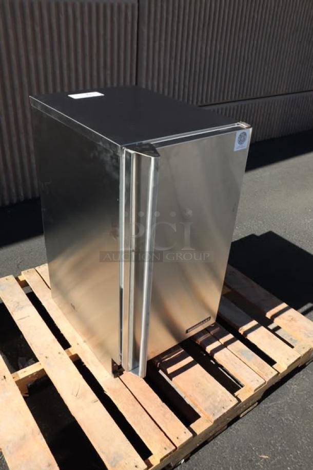 Brand new 2025 Hoshizaki C-80BAK-AD ice machine on pallet, ADA compliant, 27 lb. bin, minor scratches, no original packaging.