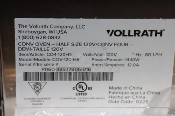 Brand new Vollrath CO4-120HS half-size convection oven label; 120V, 1440W, serial P060-38577906-016, made in China.