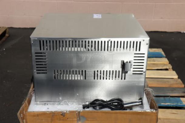 Brand new Vollrath CO4-120HS half-size convection oven, 120V, scratch-n-dent, serial number P060-38577906-016, shown in packaging.