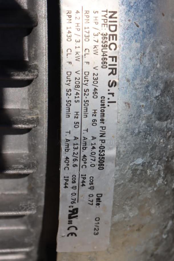 NIDEC motor label on Hobart FD4/500-1 commercial garbage disposer. Details: 5 HP, 208-230/460V, RPM 1730.