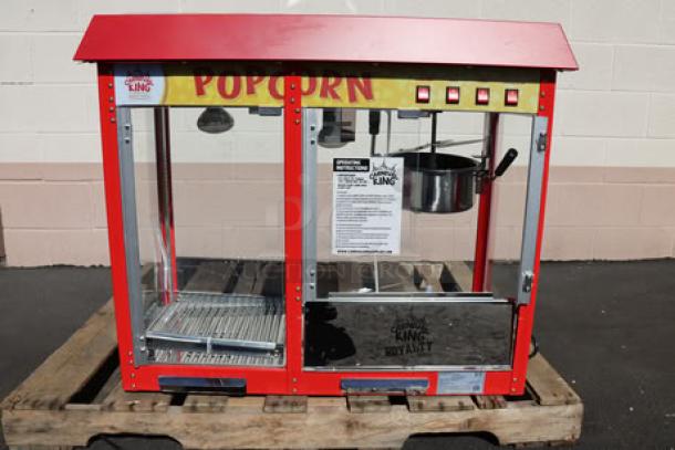 Carnival King PMW17R 8 oz. popcorn machine, scratch-n-dent, with warming/holding merchandiser. Red, 120V, 1700W.