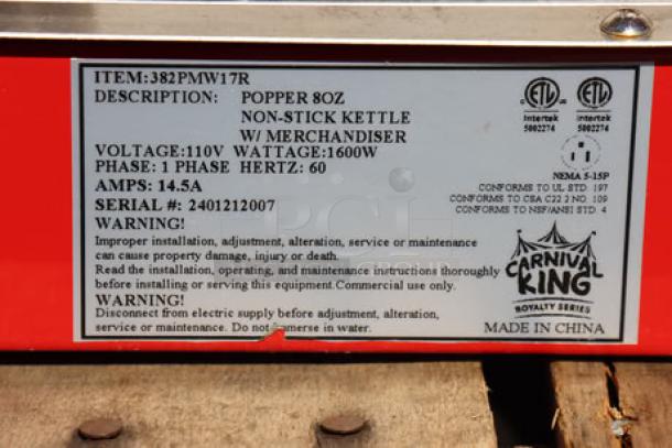 BRAND NEW Carnival King PMW17R 8 oz. Popcorn Machine with warmer, 120V, 1700W; serial: 2401212007; warning labels visible.