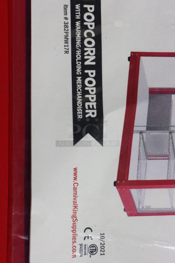 Carnival King PMW17R popcorn machine image, showcasing model/serial numbers and 10/2021 manufacture date.