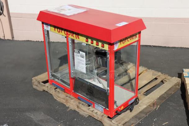 Carnival King PMW17R popcorn machine, red, scratch-n-dent, 8 oz capacity, warming/holding merchandiser, 120V, 1700W.