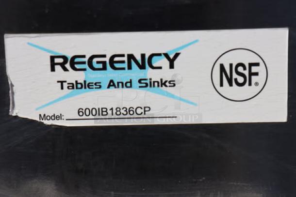 Regency 600IB1836CP underbar ice bin label, showing model and NSF certification. Brand new, scratch-n-dent condition.
