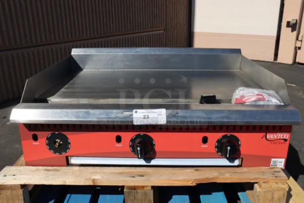 Brand new Avantco CAG-36-TG 36" gas griddle with thermostatic controls, 105,000 BTU, red base, serial number 1401941000004.