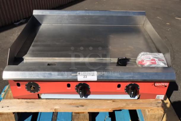 Brand new Avantco CAG-36-TG 36" countertop gas griddle, 105,000 BTU, out of packaging, thermostatic controls, serial number 1401941000004.
