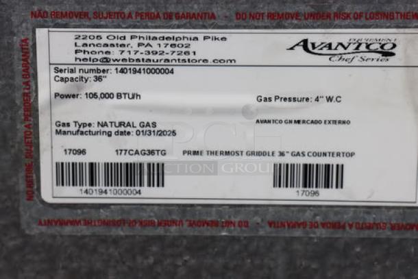 Brand new Avantco CAG-36-TG 36" countertop gas griddle, Thermostatic controls, 105,000 BTU, S/N: 1401941000004; label details specs.