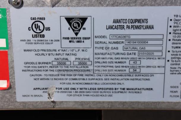 Avantco CAG-36-TG gas griddle label showing model, serial number, BTU rating, and gas type details.