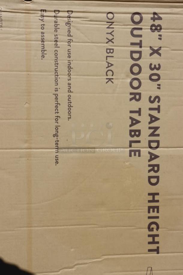 Brand new Lancaster Table & Seating 164RD304BLK, 48" x 30" Onyx Black outdoor table. Original packaging damaged.
