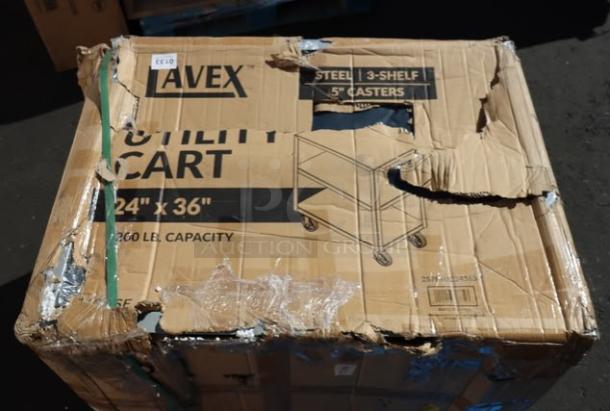 Lavex 257FSUC24363 36"x24"x35" steel utility cart, brand new, packaging damaged, may be missing parts.