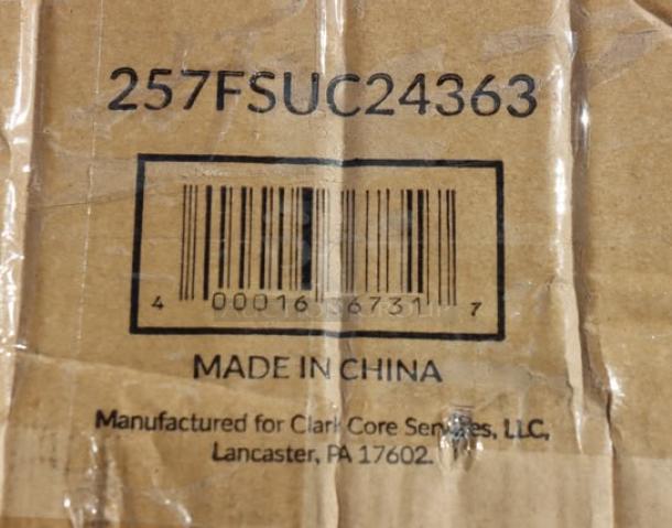 Barcode and label on Lavex utility cart packaging, model 257FSUC24363, indicates made in China. Packaging is damaged.
