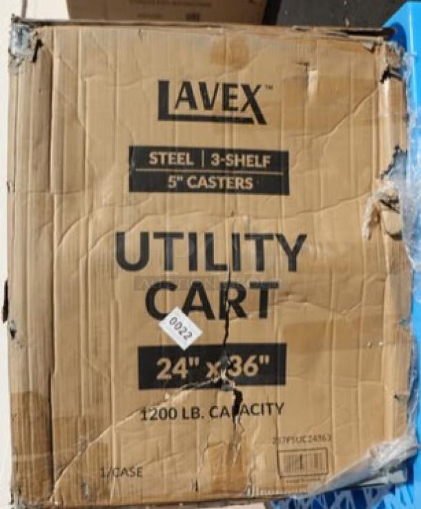 Brand new Lavex 257FSUC24363 steel utility cart, 36"x24", 3 shelves, damaged packaging, 1200 lb capacity, fully welded.