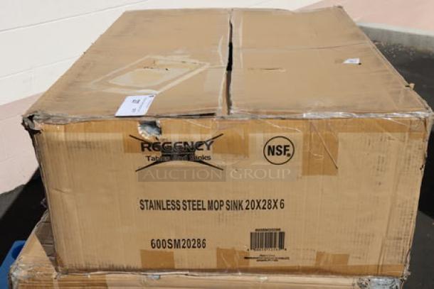 Brand new Regency 600SM20286 mop sink in box. Features 16-gauge stainless steel, 33" size, 28"x20"x6" bowl.