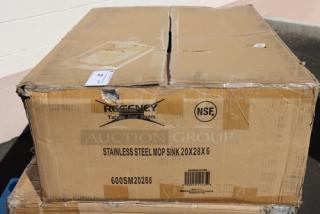 Brand new Regency 600SM20286 mop sink in box. Features 16-gauge stainless steel, 33" size, 28"x20"x6" bowl.