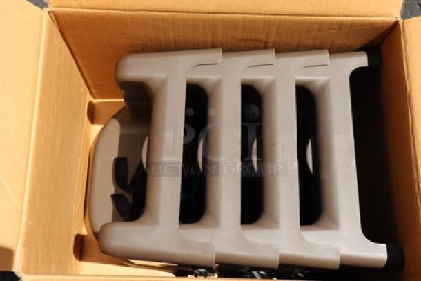 Set of four brand new Carlisle 911401 brown polypropylene booster seats with safety straps, in box.