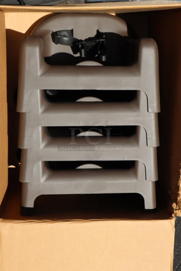 Brand new Carlisle 911401 brown polypropylene booster seat with safety strap, stackable, in original packaging.