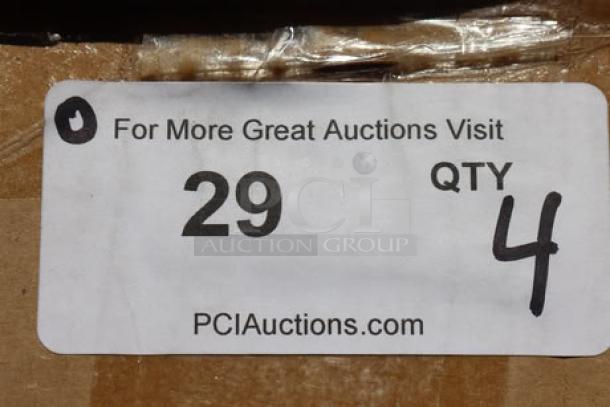 "Brand new Carlisle 911401 brown polypropylene booster seat with safety strap, auction quantity 4, label shows lot 29."
