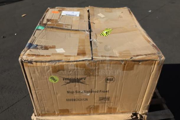 Regency 600SM242412N stainless steel mop sink in damaged original packaging; may have minor scratches or dents.