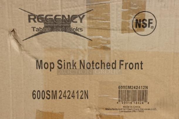 Regency 600SM242412N stainless steel mop sink, 24"x24"x12", notched front. Damaged box, possible minor scratches or dents.
