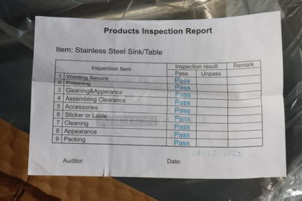 Regency 600SM242412N mop sink, 16-gauge stainless steel, 24"x24"x12", notched front. Inspection report shows all "Pass."
