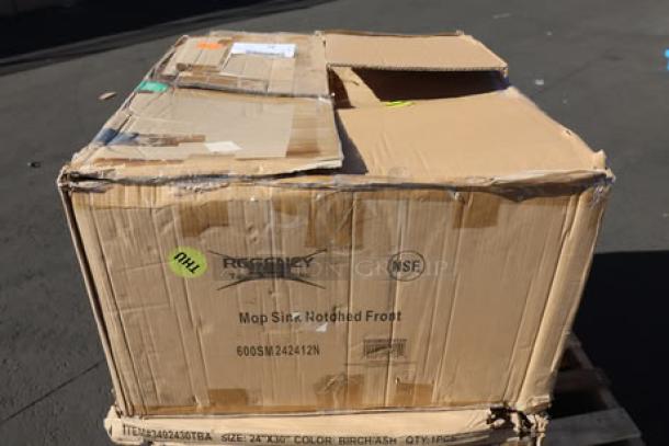 BRAND NEW Regency 600SM242412N 16-gauge stainless steel mop sink with notched front. Original packaging damaged.