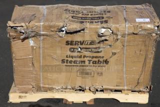 Brand new ServIt GST-3WE-LP steam table; packaging damaged, possible scratches/dents. Liquid propane, 10,500 BTU.