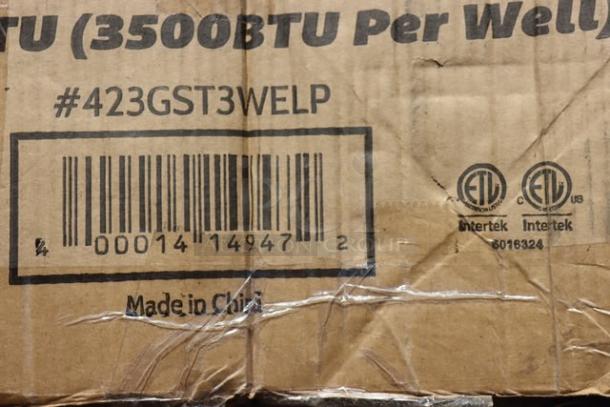 ServIt GST-3WE-LP steam table packaging, showing barcode, model #423GST3WELP, ETL logos, and "Made in China" text.