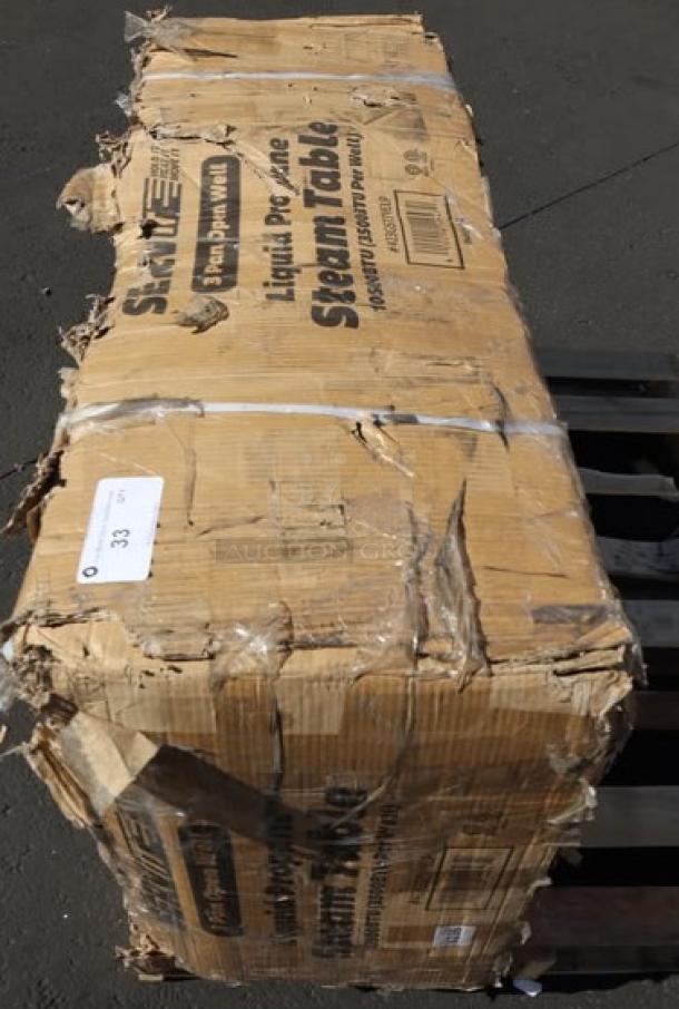 ServIt GST-3WE-LP steam table, original packaging damaged. Brand new, LPG, 10,500 BTU, potential scratches/dents.