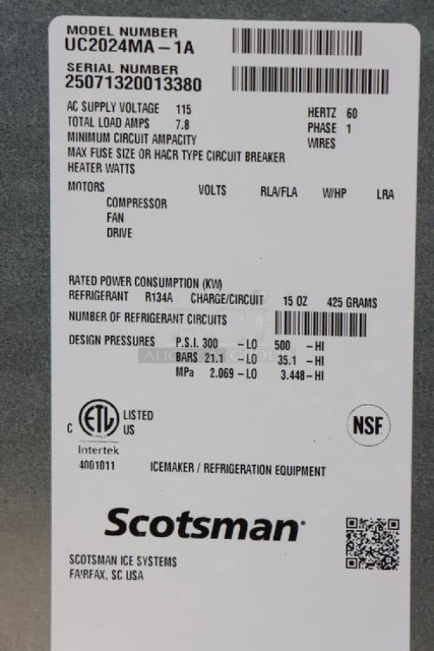 BRAND NEW Scotsman UC2024MA-1 ice machine label detailing model, serial number, voltage, and certifications.