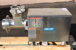ProCut KG-22-W-XP #22 Electric Meat Grinder, 220V, 2 hp, includes auger, knife, pusher, grinder plates, dent on left side.