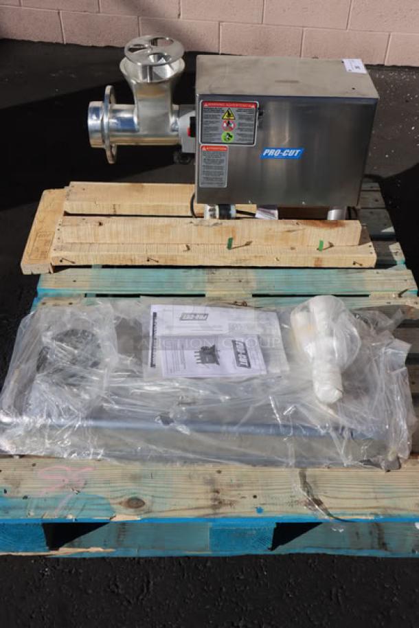 ProCut KG-22-W-XP #22 Electric Meat Grinder, 220V, 2 hp, includes auger, knife, pusher, plates. Dented left side, out of packaging.